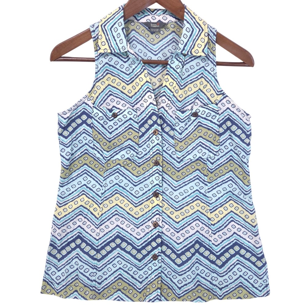 Royal‎ Robbins Chevron Sleeveless Button Down Shirt Womens S Blue Green Coastal